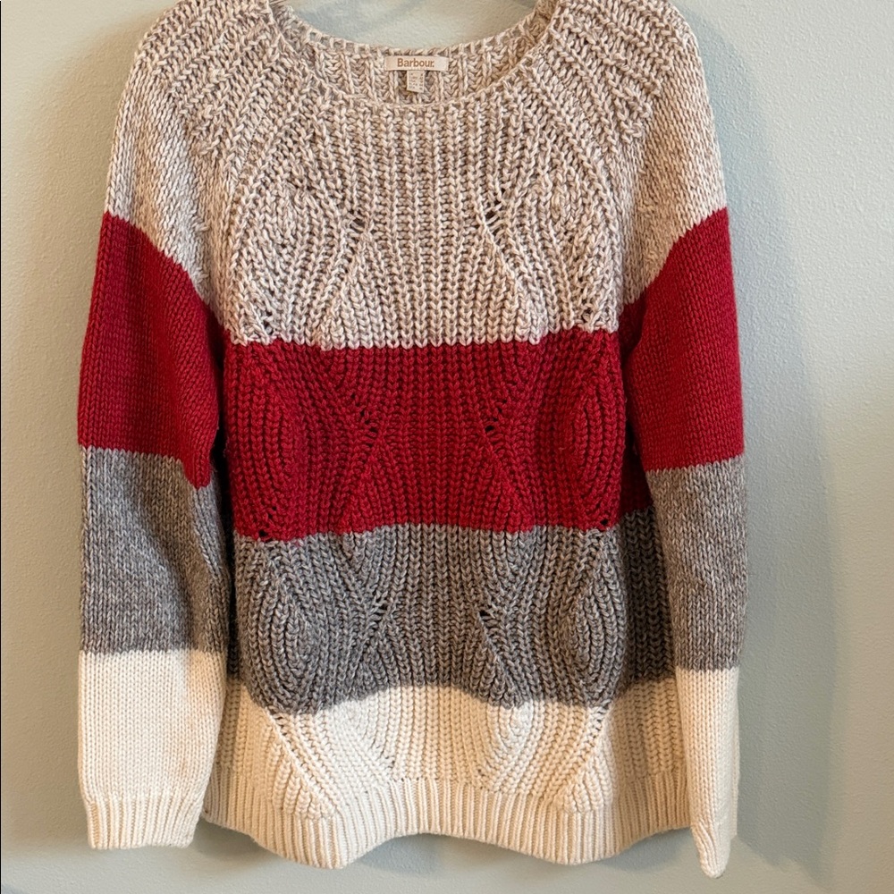 Barbour Striped Sweater in Red, Gray, and Cream
